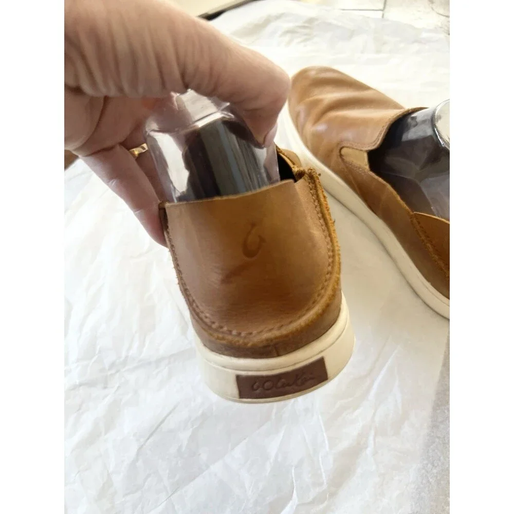 OluKai Pehuea Leather Slip On Shoes Floc Fox Brown Slides 2 Way Loafers Size 9.5